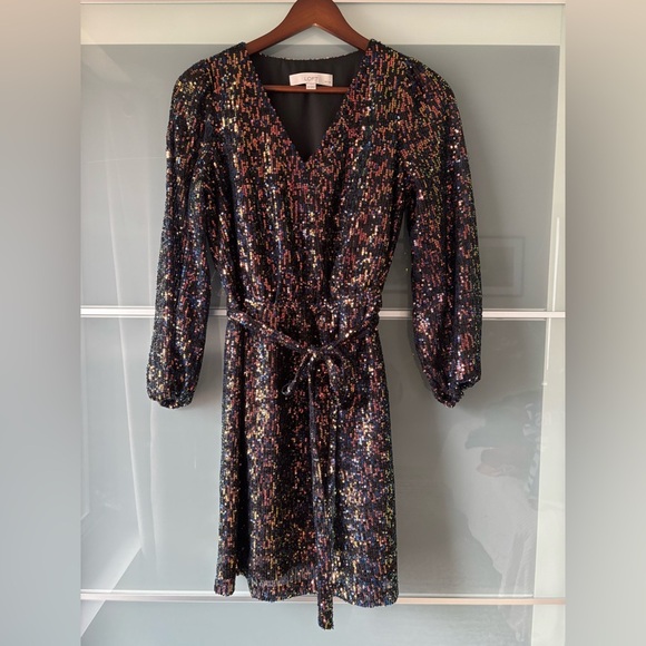 XSP LOFT Women's Sequin Mini Dress Belted V-Neck Banded Sheer Sleeve - Picture 2 of 10